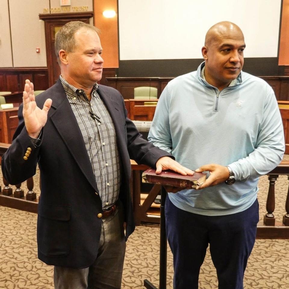 Jay Egolf, who was elected as vice-chair of the Henderson County Board of Education on Dec. 12, was sworn in as a board member by Blair Craven, who was reelected as chair of the Henderson County Board of Education on Dec. 12, after Egolf won reelection.