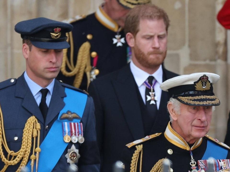 Das Verhältnis scheint komplett zerrüttet: Prinz William (l.), Prinz Harry und König Charles III. (Bild: imago/i Images)