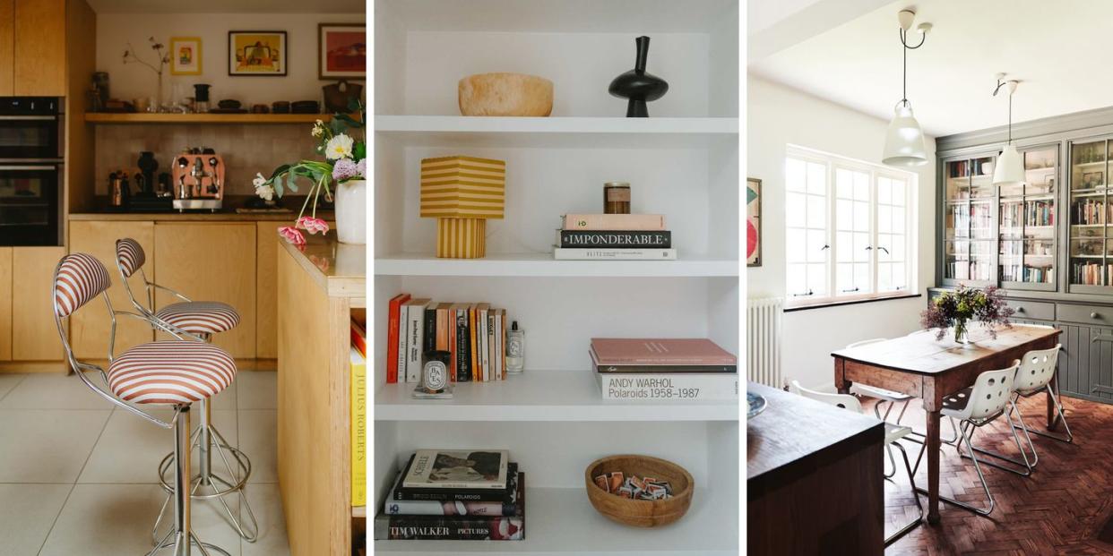 kitchen with striped bar stools bookshelf with accessories