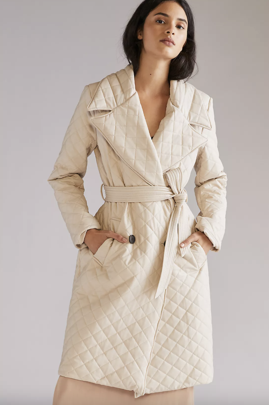 Avec Les Filles Quilted Faux Leather Trench Coat in cream white