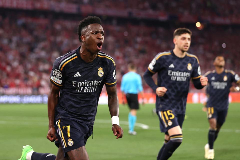 Vinicius Jr scored twice, including a penalty that denied Bayern victory (Getty)
