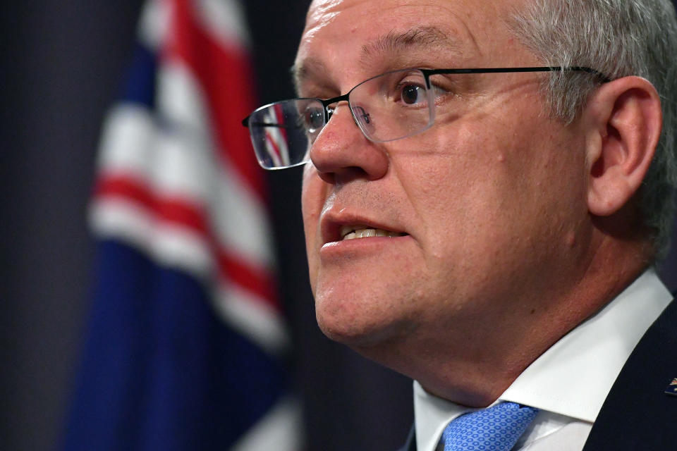 CANBERRA, AUSTRALIA - NOVEMBER 12: Prime Minister Scott Morrison holds a news conference in the Blue Room at Parliament House on November 12, 2020 in Canberra, Australia. Morrison announced the set up of a special prosecutor to deal with any Australian servicemen accused of war crimes in Afghanistan, with the findings of the Brereton Inquiry to be released next week. (Photo by Sam Mooy/Getty Images)