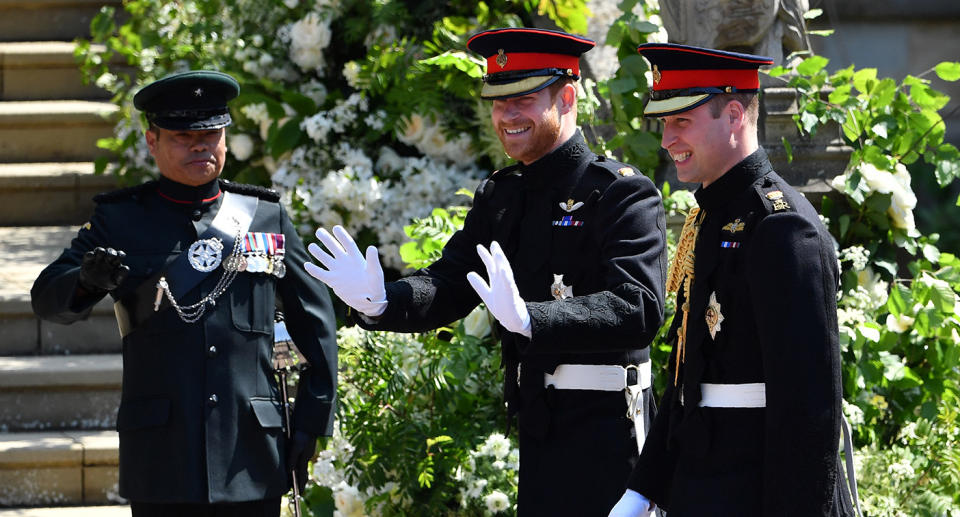 Prince Harry arrives with his best man Prince William, Duke of Cambridge for the wedding ceremony of Prince Harry and US actress Meghan Markle at St George’s Chapel. Source: Getty