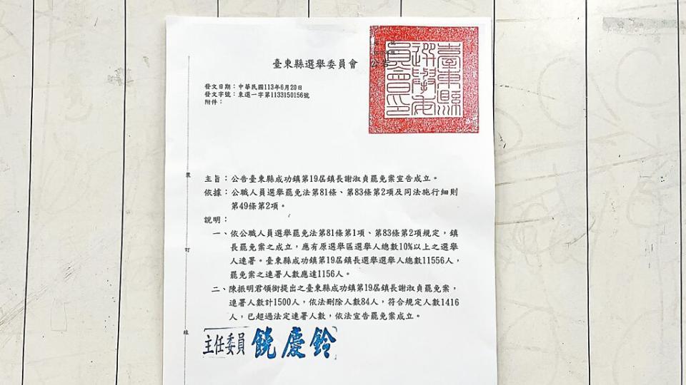 台東縣成功鎮長謝淑貞被控失職，遭鎮民及民代提案罷免，第二階段連署人數經審核達標。（蕭嘉蕙攝）