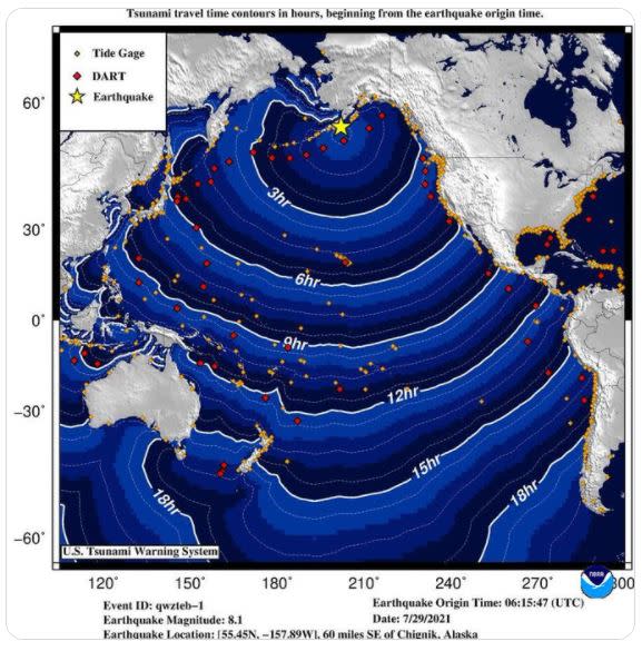 美國國家海洋暨大氣總署（NOAA）發布海嘯警報。（截圖NOAA推特）