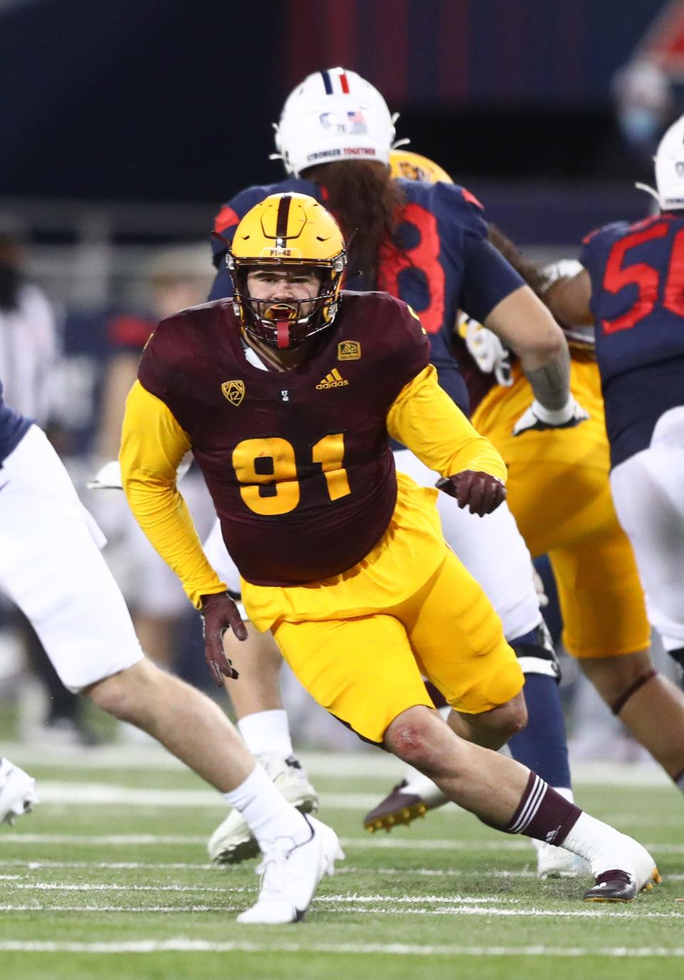 Dec 11, 2020; Tucson, Arizona, USA; Arizona State Sun Devils defensive end Michael Matus (91) against the Arizona Wildcats during the Territorial Cup at Arizona Stadium.