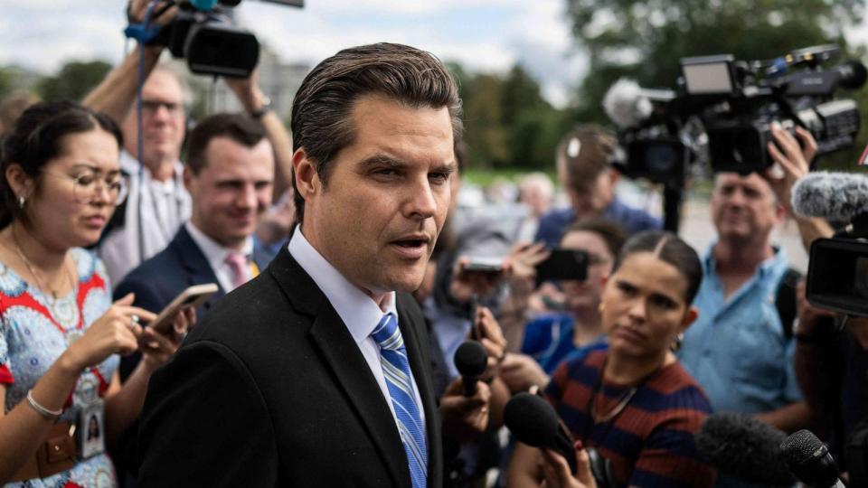 PHOTO: Rep. Matt Gaetz speaks to the press outside the Capitol in Washington, Sept. 30, 2023. (Andrew Caballero-reynolds/AFP via Getty Images)