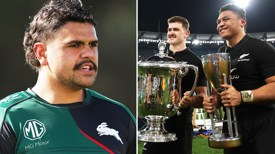 Latrell Mitchell in training All Blacks winger Caleb Clarke holding a trophy.