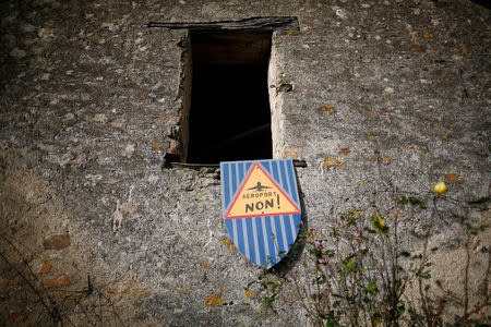 A sign reading "No to the airport" is seen at "Bellevue" area in the zoned ZAD (Deferred Development Zone) in Notre-Dame-des-Landes, that is slated for the Grand Ouest Airport (AGO), western France January 16, 2018. REUTERS/Stephane Mahe