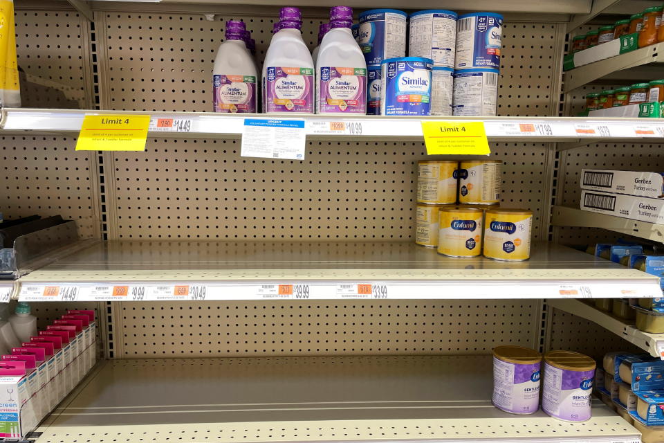 Shelves for baby and toddler formula are partially empty, as the quantity a shopper can buy is limited amid continuing nationwide shortages, at a grocery store in Medford, Massachusetts, U.S., May 17, 2022.   REUTERS/Brian Snyder