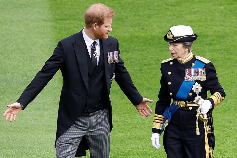 Prince Harry and Princess Anne exchange words inside Windsor Castle ahead of the Committal Service for Queen Elizabeth II, September 2022 (Getty Images)