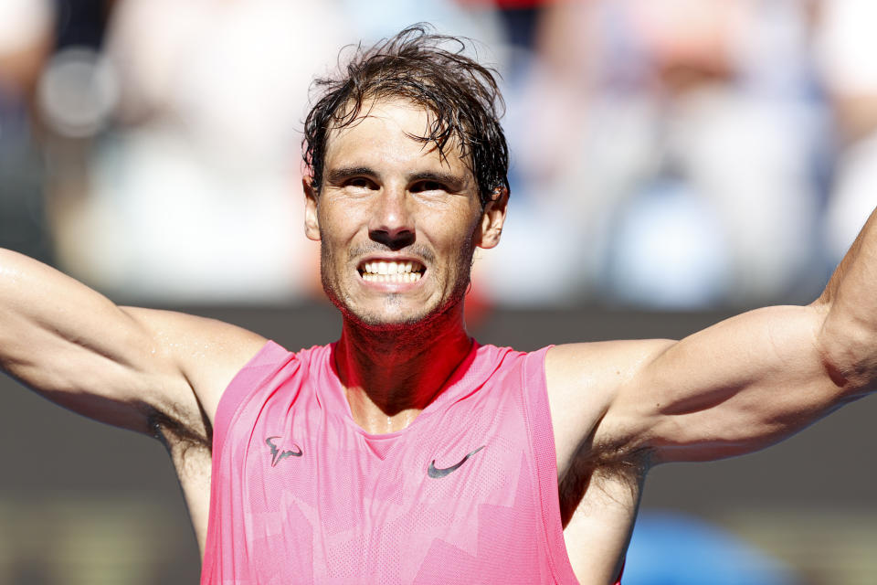 Rafael Nadal of Spain celebrates after winning his Men's Singles third round match against Pablo Carreno Busta of Spain on day six of the 2020 Australian Open at Melbourne Park on January 25, 2020 in Melbourne, Australia. (Photo by Fred Lee/Getty Images)