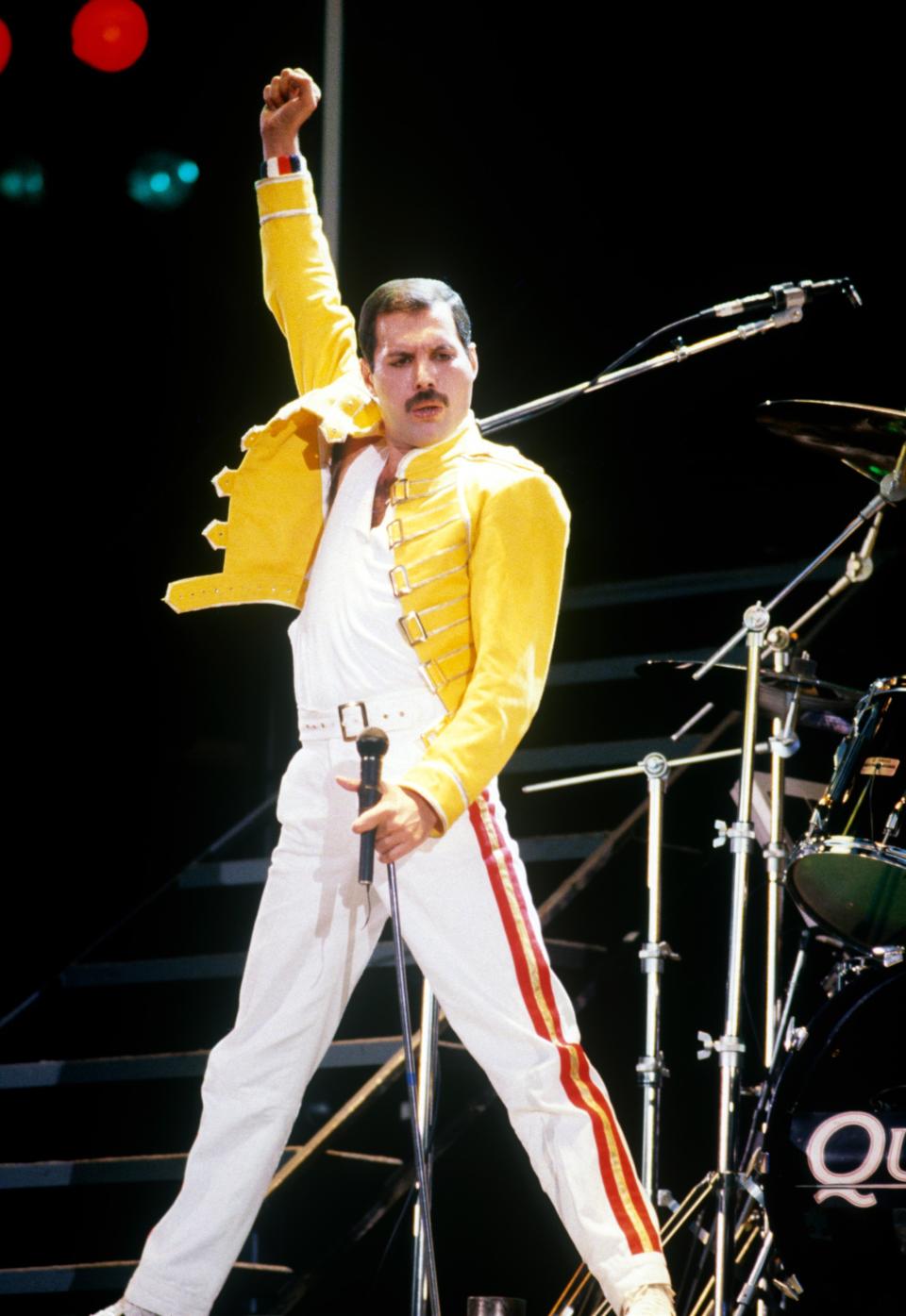 Freddie Mercury at Live Aid on July 13, 1985