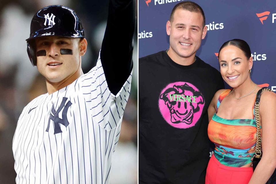 <p>Sarah Stier/Getty ; Cindy Ord/Getty</p> Anthony Rizzo after hitting a two-run home run during the fifth inning against the Philadelphia Phillies at Yankee Stadium on April 03, 2023. ; Anthony Rizzo and Emily Vakos attend Michael Rubin