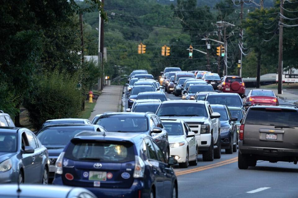 Cars heading west toward the entrance to the East Shore Expressway from East Providence are backed up along with traffic on Warren Avenue. A recent study, based on tweets, claims that Rhode Island drivers are the worst in the country.