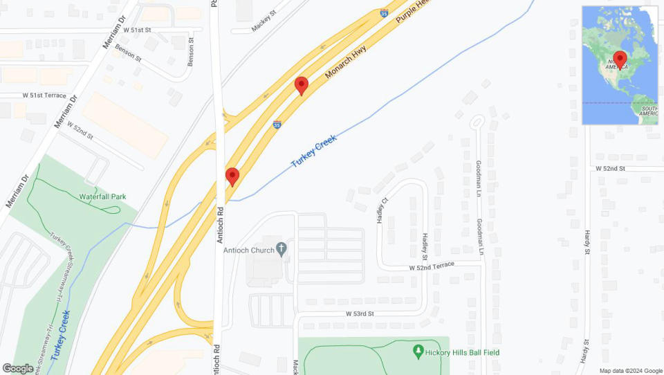 A detailed map that shows the affected road due to 'Broken down vehicle on northbound I-35 in Overland Park' on January 3rd at 1:51 p.m.