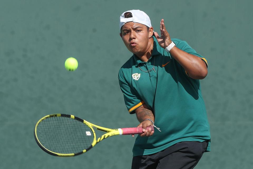 Nevaeh Luv Robles of Coachella Valley High School plays in the Desert Valley League singles championship at Palm Valley Country Club in Palm Desert, Calif., Oct. 26, 2023.