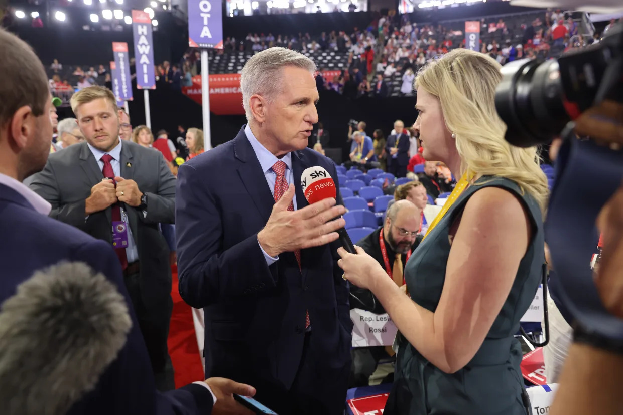 Kevin McCarthy, the former House speaker, is interviewed at the Republican National Convention in Milwaukee on July 16, 2024. McCarthy launched the impeachment investigation into President Joe Biden last year. (Maddie McGarvey/The New York Times)