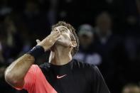 Mar 23, 2018; Key Biscayne, FL, USA; Juan Martin del Potro of Argentina celebrates after his match against Robin Haase of the Netherlands (not pictured) on day four of the Miami Open at Tennis Center at Crandon Park. Mandatory Credit: Geoff Burke-USA TODAY Sports