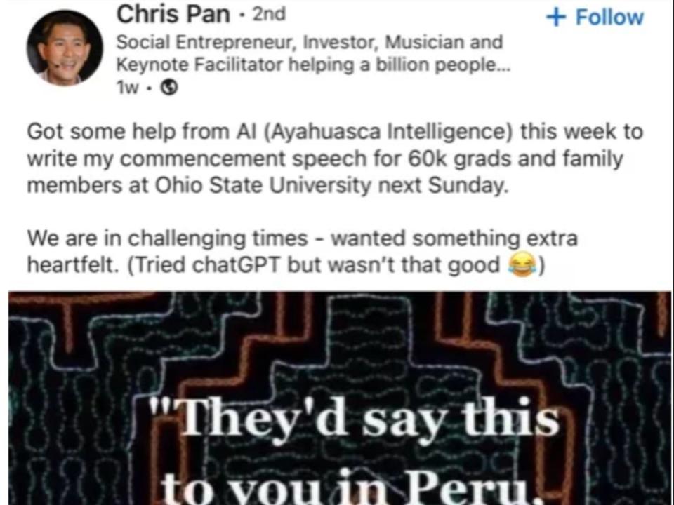 A screenshot of ‘social entrepreneur’ Chris Pan’s Facebook post claiming he used South American hallucinogen ayahuasca to help him write his Ohio State University commencement speech (The Rooster via Chris Pan Facebook)
