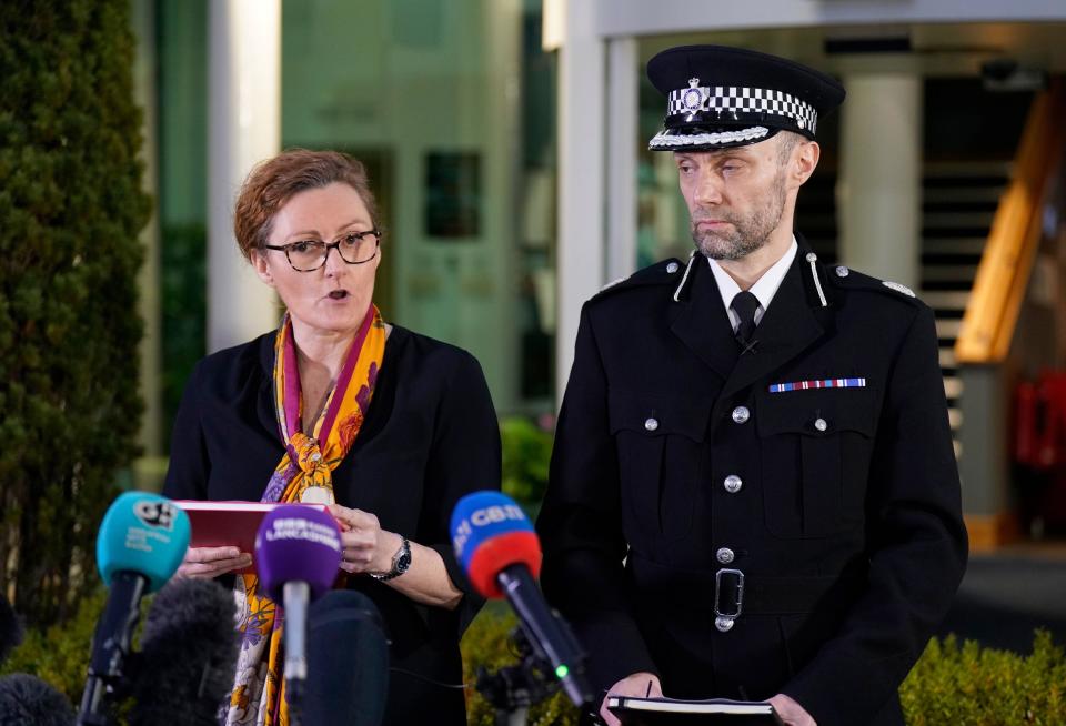 Assistant Chief Constable Peter Lawson (right) of Lancashire Police with Detective Chief Superintendent Pauline Stables (left) speaking at a press conference outside Lancashire Police Headquarters in Hutton near Preston, after a body found in the River Wrye has been identified as missing mother-of-two Nicola Bulley. Police recovered the body on Sunday, which was found by members of the public close to where Nicola Bulley disappeared on January 27. Ms Bulley, 45, was last seen walking her dog nearby, on a footpath along the River Wyre, after dropping her daughters, aged six and nine, at school.