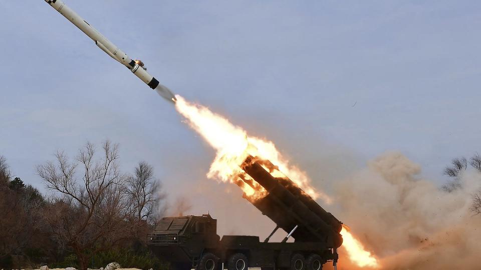 The North Korean government released this image of what it says is a Hwasal strategic cruise missile seen during an exercise in the country's South Hamgyong province on March 22, 2023. (Korean Central News Agency/Korea News Service via AP)