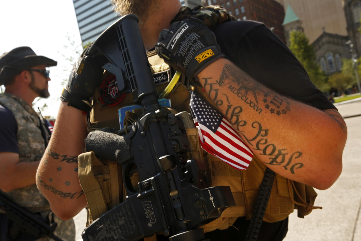 On the second day of the Republican National Convention, Ohio Minutemen gather in downtown Cleveland to express their feeling on the Second Amendment in Cleveland, July 18, 2016. (Photo: Carolyn Cole/Los Angeles Times via Getty Images)