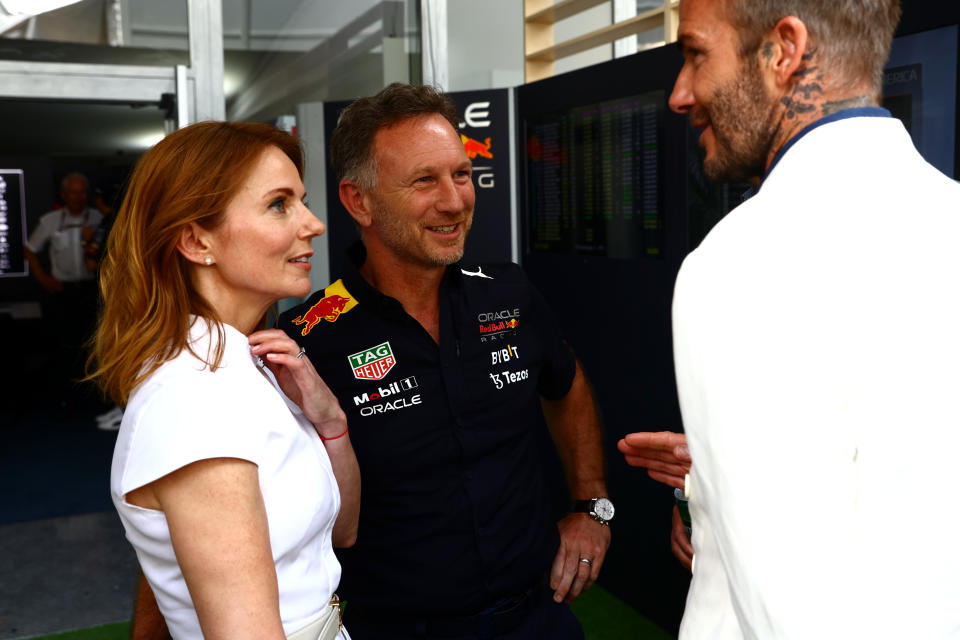 MIAMI, FLORIDA - MAY 08: David Beckham talks with Red Bull Racing Team Principal Christian Horner and Geri Horner in the Paddock prior to the F1 Grand Prix of Miami at the Miami International Autodrome on May 08, 2022 in Miami, Florida. (Photo by Mark Thompson/Getty Images)