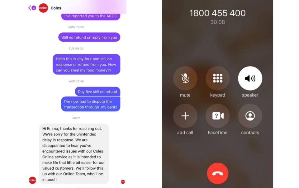 Screenshot of texts (left) and of a phone on a call (right).