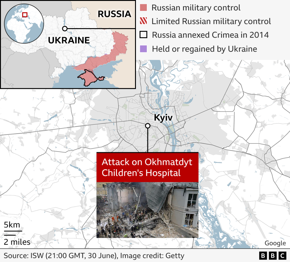 A map showing the location of the attack on the Okhmatdyt Children's Hospital in Kyiv, Ukraine