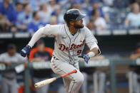 Detroit Tigers' Willi Castro watches hi home run during the third inning of the team's baseball game against the Kansas City Royals at Kauffman Stadium in Kansas City, Mo., Friday, July 23, 2021. (AP Photo/Colin E. Braley)