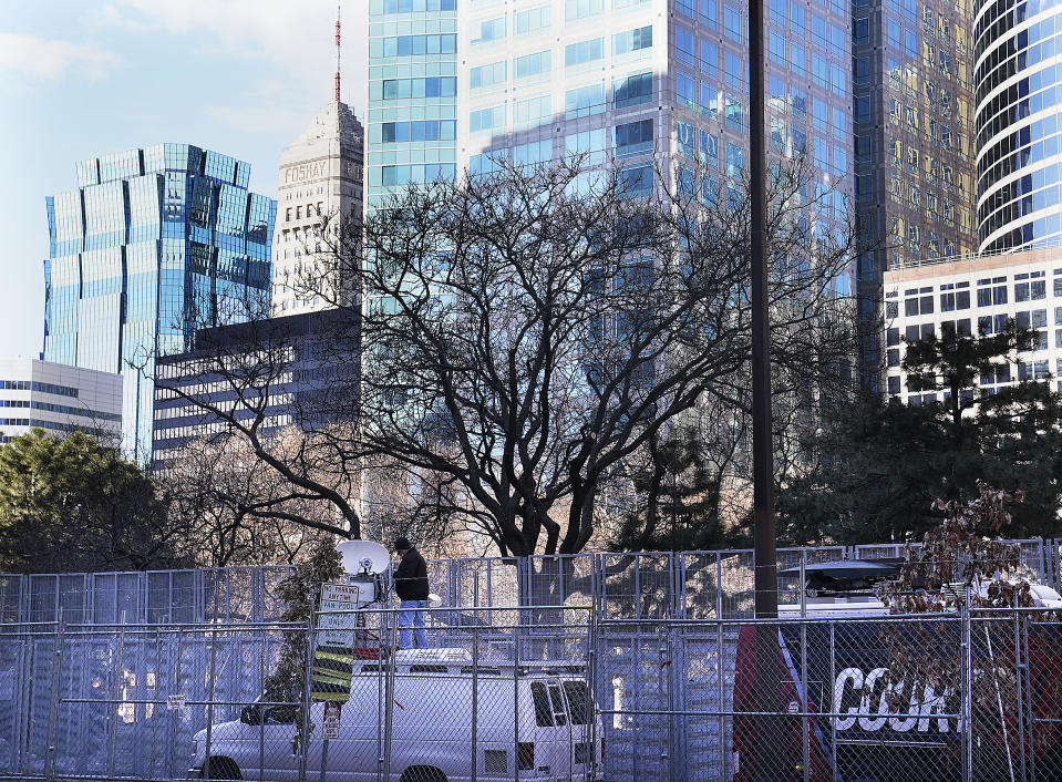 Media trucks set up as preparations continue for the murder trial of former Minneapolis police officer Derek Chauvin which begins Monday and was seen near the Hennepin County Government Center Thursday, March 4, 2021 in Minneapolis. (David Joles/Star Tribune via AP)