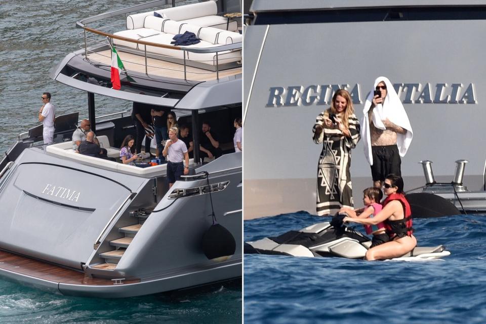 Mandatory Credit: Photo by Shutterstock (12949832a) Kardashian cruise boat Fatima Kardashians dock for wedding in Portofino, Italy - 21 May 2022 Preparations taking place for Kourtney Kardashian and Travis Barker intimate wedding ceremony at the Castello Brown fortress in Portofino, Italy.; portofino, ITALY - *PREMIUM-EXCLUSIVE* Kourtney Kardashian shows off her toned bikini body in a string bikini while enjoying some quality time with partner Travis Barker on board a mega yacht ahead of their upcoming wedding in Italy. Kourtney was pictured looking in a great mood as she was seen jet skiing and jumping into the sea with hubby Travis before going to relax on the deck of the yacht where she was treated to a foot massage by her Bae. Travis could be seen giving Kourtney a pat on her behind as she climbed back on to the Regina d'Italia yacht. The couple enjoyed a fun day at sea this afternoon with their kids as Kourntey's sisters arrived into town ahead of her bid day. Pictured: Kourtney Kardashian - Travis Barker BACKGRID USA 20 MAY 2022 BYLINE MUST READ: Cobra Team / BACKGRID USA: +1 310 798 9111 / usasales@backgrid.com UK: +44 208 344 2007 / uksales@backgrid.com *UK Clients - Pictures Containing Children Please Pixelate Face Prior To Publication*