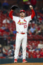St. Louis Cardinals relief pitcher Zack Thompson stretches on the mound after giving up a grand slam to Arizona Diamondbacks' Pavin Smith during the sixth inning of a baseball game Tuesday, April 23, 2024, in St. Louis. (AP Photo/Scott Kane)