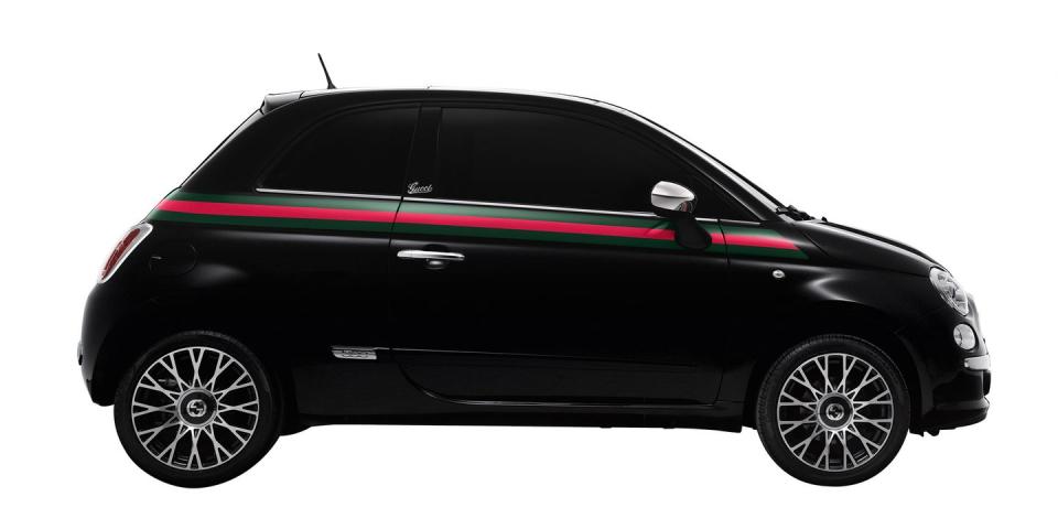 <p>The <a href="http://www.caranddriver.com/news/fiat-500-by-gucci-at-the-geneva-auto-show-news" rel="nofollow noopener" target="_blank" data-ylk="slk:Fiat 500 Gucci Edition;elm:context_link;itc:0;sec:content-canvas" class="link ">Fiat 500 Gucci Edition</a> wore the red and green Gucci stripe across its belt line, seat belts, shifter, key fob, and carpets. It came with a full line of "500 by Gucci" travel accessories and cost roughly $19,000.</p>
