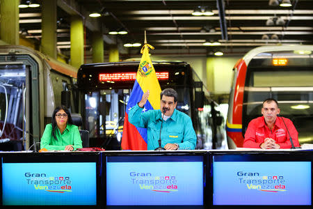 Venezuela's President Nicolas Maduro speaks during a meeting with representatives of the transport sector in Caracas, Venezuela, February 5, 2019. Miraflores Palace/Handout via REUTERS