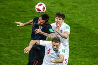 <p>Croatia’s Mario Mandzukic, Englands Jordan Henderson and John Stones (L-R) in their 2018 FIFA World Cup semi-final match at Luzhniki Stadium. Stanislav Krasilnikov/TASS (Photo by Stanislav Krasilnikov\TASS via Getty Images) </p>