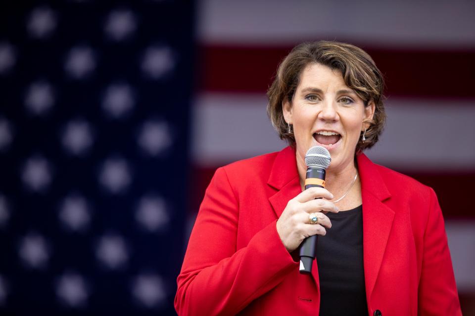 Former Kentucky Senate candidate, Amy McGrath, speaks during an early voting rally at Lynn Family Stadium on Tuesday. Oct. 27, 2020