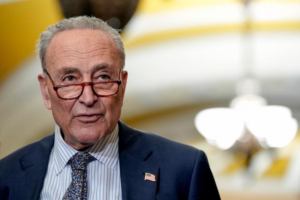 PHOTO: Sen. Majority Leader Chuck Schumer talks after a policy luncheon on Capitol Hill, Feb. 27, 2024, in Washington. (Mariam Zuhaib/AP)