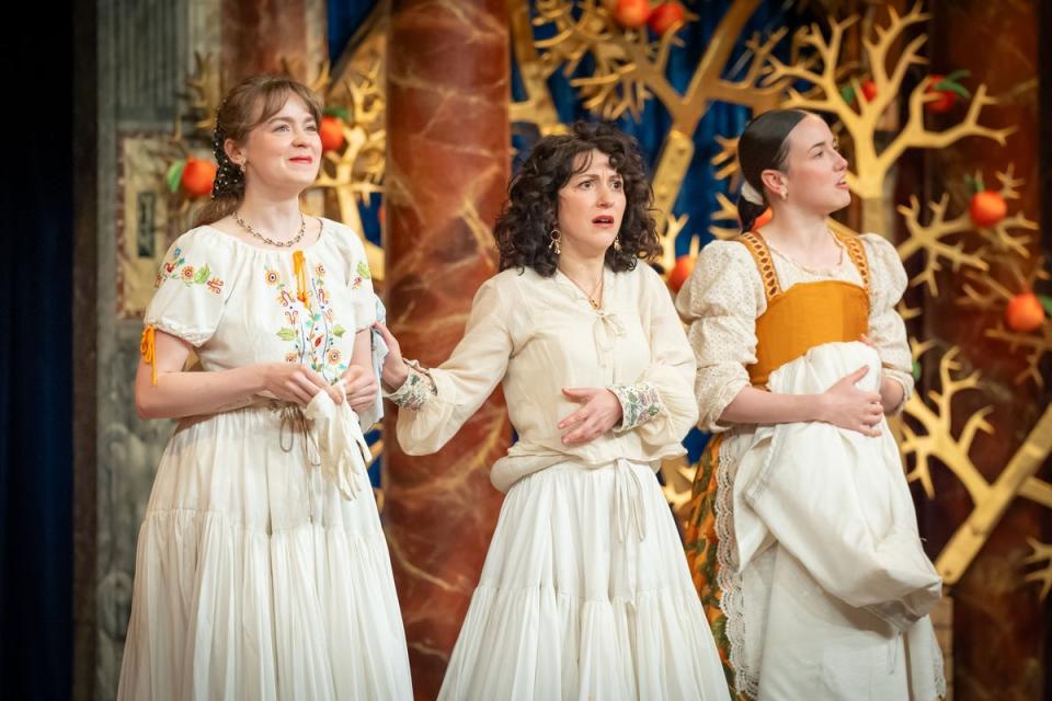 Lydia Fleming, Amalia Vitale and Emma Ernest in Much Ado About Nothing at Shakespeare's Globe (Marc Brenner)