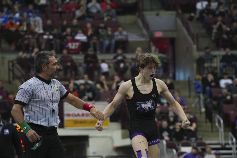 DeSales’ David McClelland celebrates his Division II state title at 132 last season.