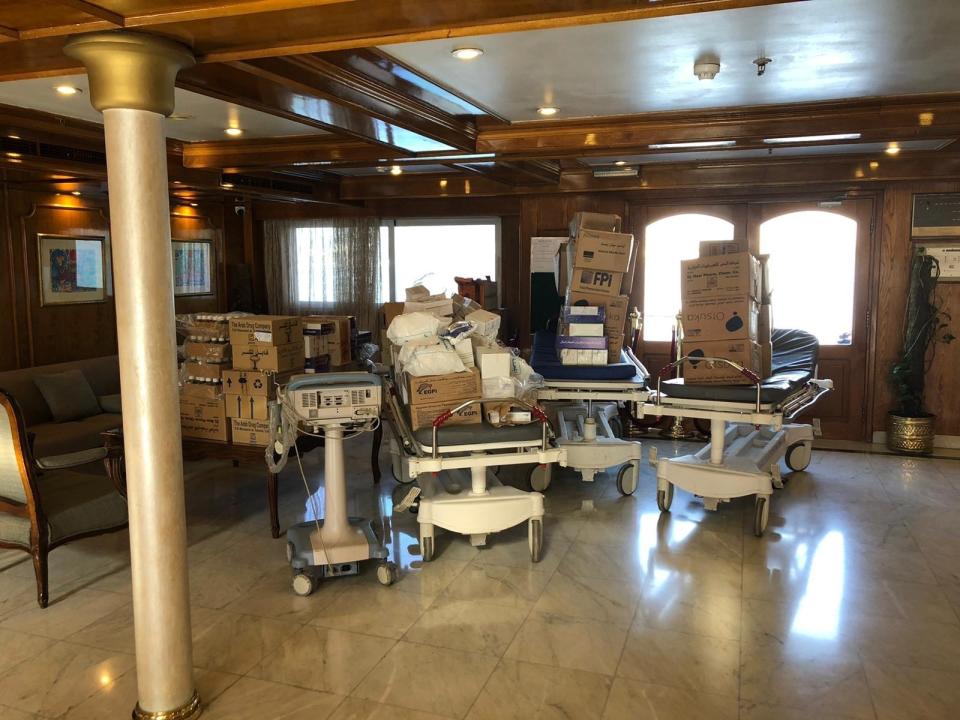 This Sunday, March 8, 2020 photo, provided by Javier Parodi, shows supplies for passengers under quarantine because of the new coronavirus, on board the Nile cruise ship MS Asarade, in Luxor, Egypt, Tuesday, March 10, 2020. When Javier Parodi returned from a tour of Egypt’s famed ancient tombs in the southern city of Luxor last week, he was unnerved to see that his cruise ship wasn’t where he left it. The hulking MS Asara, carrying some 150 tourists, had docked, far from the rest, on the opposite bank of the Nile. Parodi, 35, found himself confined for days on the boat. The vast majority of people recover from the new virus. (Javier Parodi via AP)