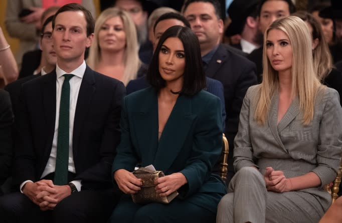 vanka Trump and Jared Kushner listen as US President Donald Trump speaks about second chance hiring and criminal justice reform in the East Room of the White House in Washington, DC, June 13, 2019. 