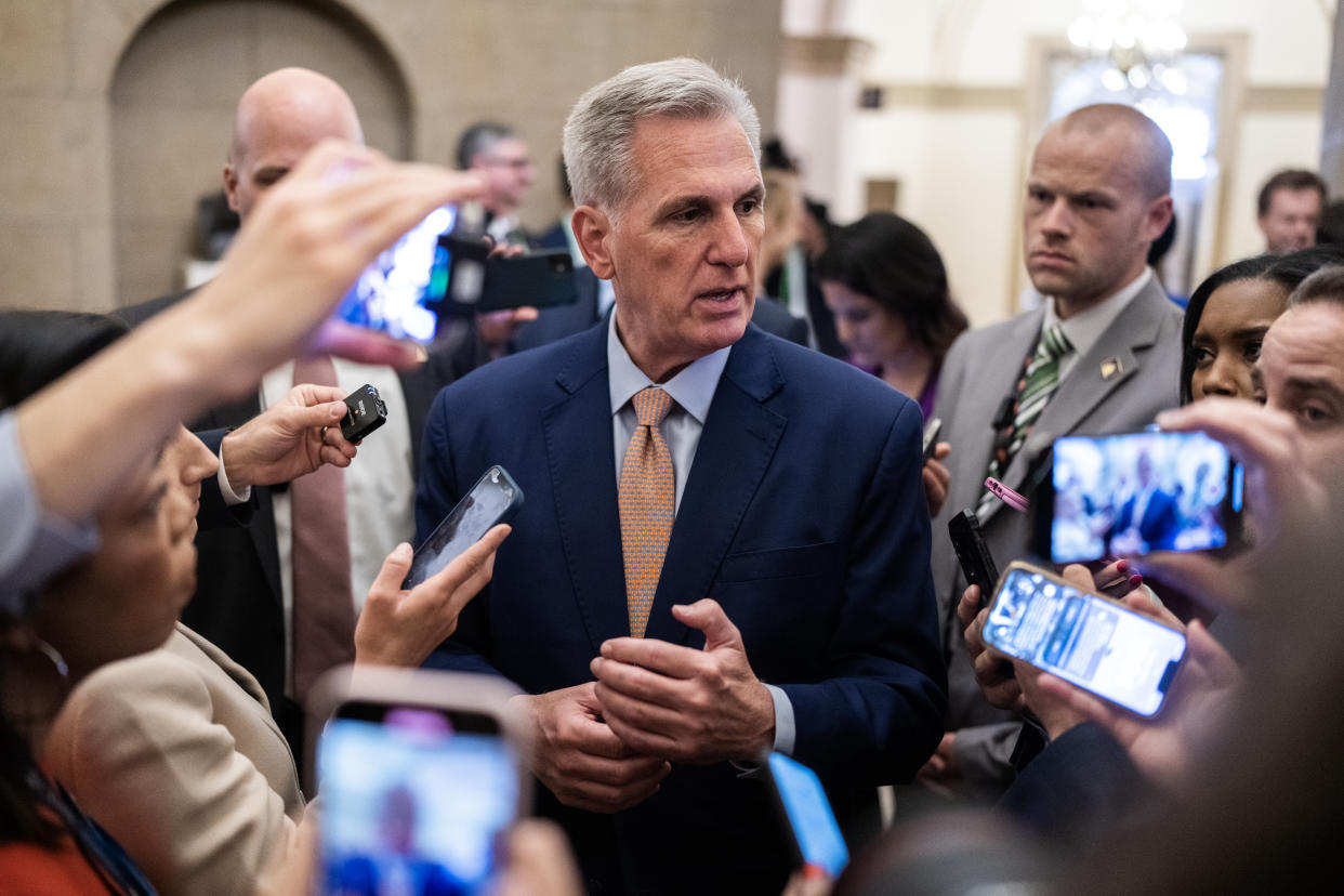 UNITED STATES - MAY 23: Speaker of the House Kevin McCarthy, R-Calif., talks with reporters about the debt ceiling negotiations in the U.S. Capitol on Tuesday, May 23, 2023. (Tom Williams/CQ-Roll Call, Inc via Getty Images)