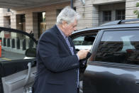 FILE - Thomas Caldwell of Berryville, Va., a defendant charged with seditious conspiracy in one of the most serious cases to emerge from the Jan. 6, 2021 attack on the U.S. Capitol, arrives at the Federal Courthouse in Washington, Oct. 6, 2022. Calwell, charged alongside members of the far-right Oath Keepers militia group in the Jan. 6 riot at the U.S. Capitol played down his messages about ferrying what he called heavy weapons across the Potomac River in testimony Tuesday, instead saying they were examples of "creative writing." ( AP Photo/Jose Luis Magana, File)