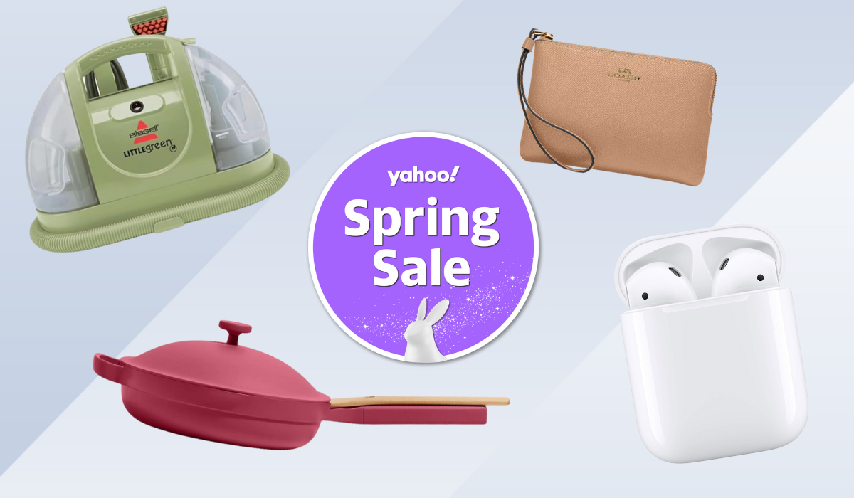 Bissell Little Green cleaner, Our Place Always Pan, Coach wallet, Apple AirPods, Yahoo Big Spring Sale badge