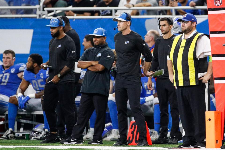 Detroit Lions offensive coordinator Ben Johnson watches a play against Seattle Seahawks during the first half at Ford Field in Detroit on Sunday, Sept. 17, 2023.