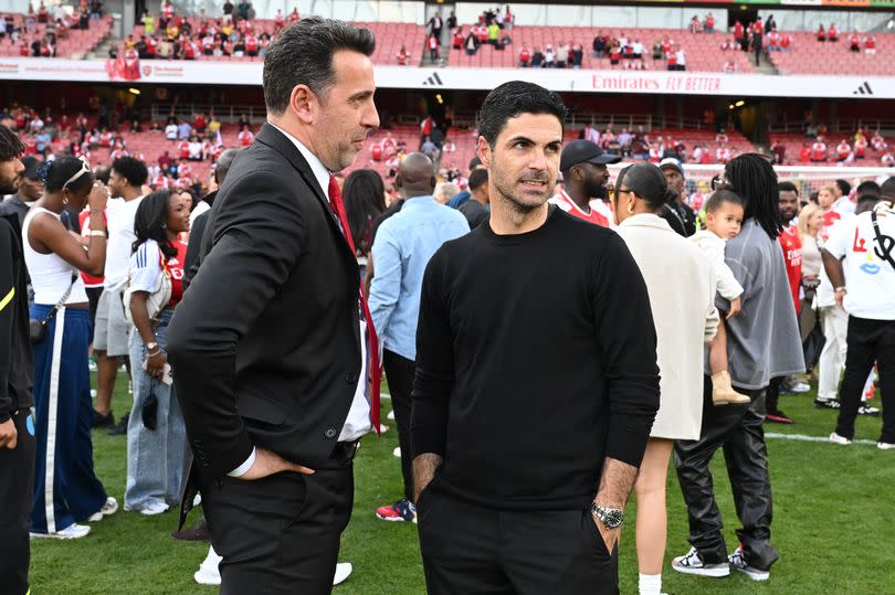 LONDON, ENGLAND - MAY 19: (L) Arsenal Sporting Director Edu and (R) manager Mikel Arteta after the Premier League match between Arsenal FC and Everton FC at Emirates Stadium on May 19, 2024 in London, England. (Photo by Stuart MacFarlane/Arsenal FC via Getty Images)