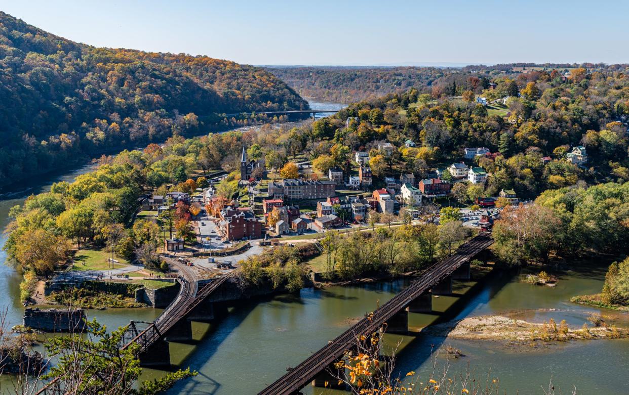 Harpers Ferry National Historic Park as seen from Maryland Heights on the banks of the Potomac and Shenandoah Rivers.