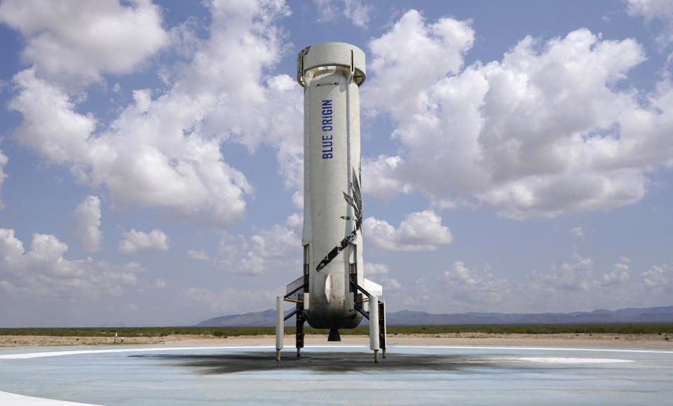 FILE - Blue Origin's New Shepard rocket sits on the landing pad after carrying passengers Jeff Bezos, founder of Amazon and space tourism company Blue Origin, brother Mark Bezos, Oliver Daemen and Wally Funk, from its spaceport near Van Horn, Texas on July 20, 2021. The performer who breathed life into "Star Trek's" Captain James T. Kirk is, at age 90, heading toward the stars under dramatically different circumstances than his fictional counterpart when Shatner boards Jeff Bezos' Blue Origin NS-18. (AP Photo/Tony Gutierrez, File)